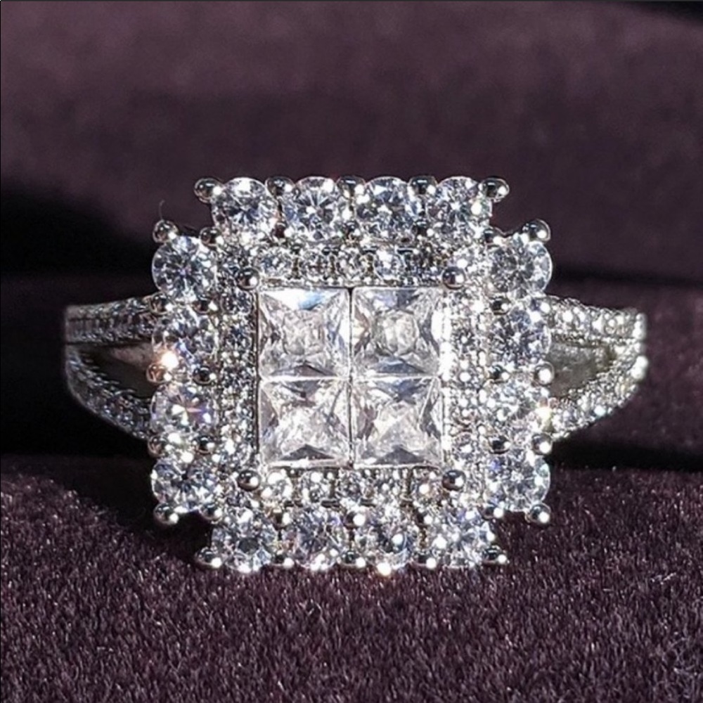 NEW💎925 Sterling Silver Diamond Halo Square Ring - Picture 7 of 8